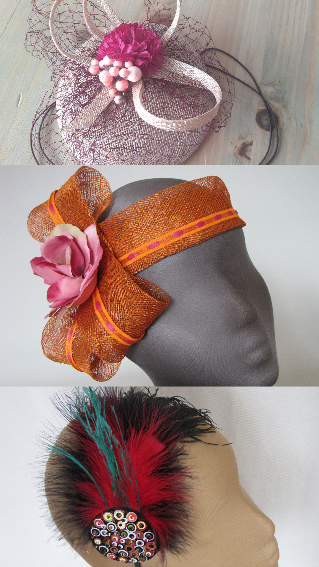 Sisal et plumes : bibi, bandeau et serre-tête